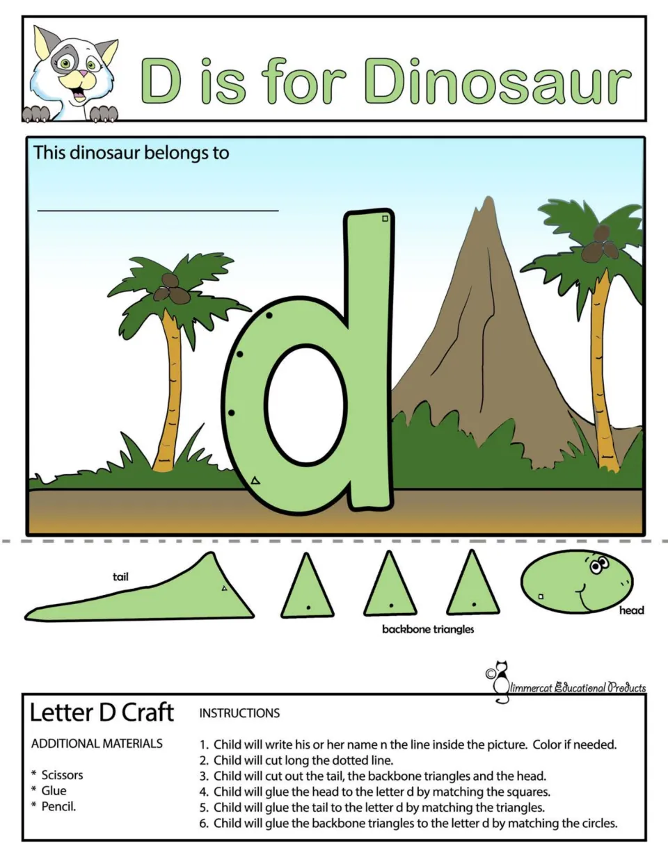 D is for Dinosaur, color: students glue a head, tail and backbone triangles to a lowercase d by matching shapes
