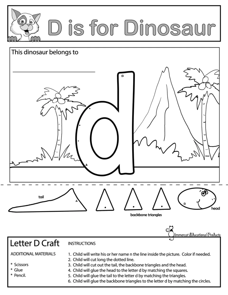 D is for Dinosaur, black and white: color the volcano scene and lowercase d, then cut out and attach the dinosaur parts