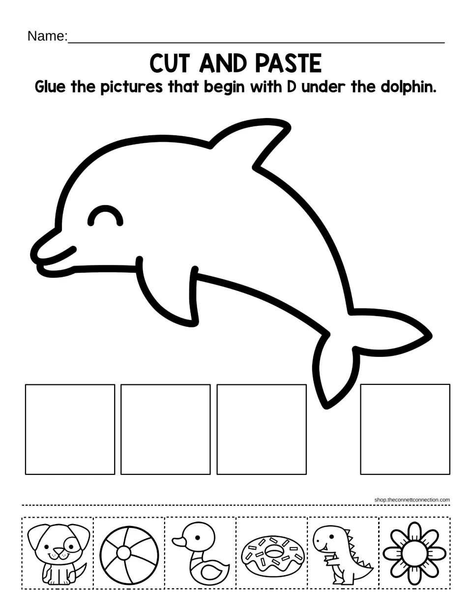 Beginning sound D: students cut out six pictures and glue the dog, duck, donut and dinosaur under the dolphin