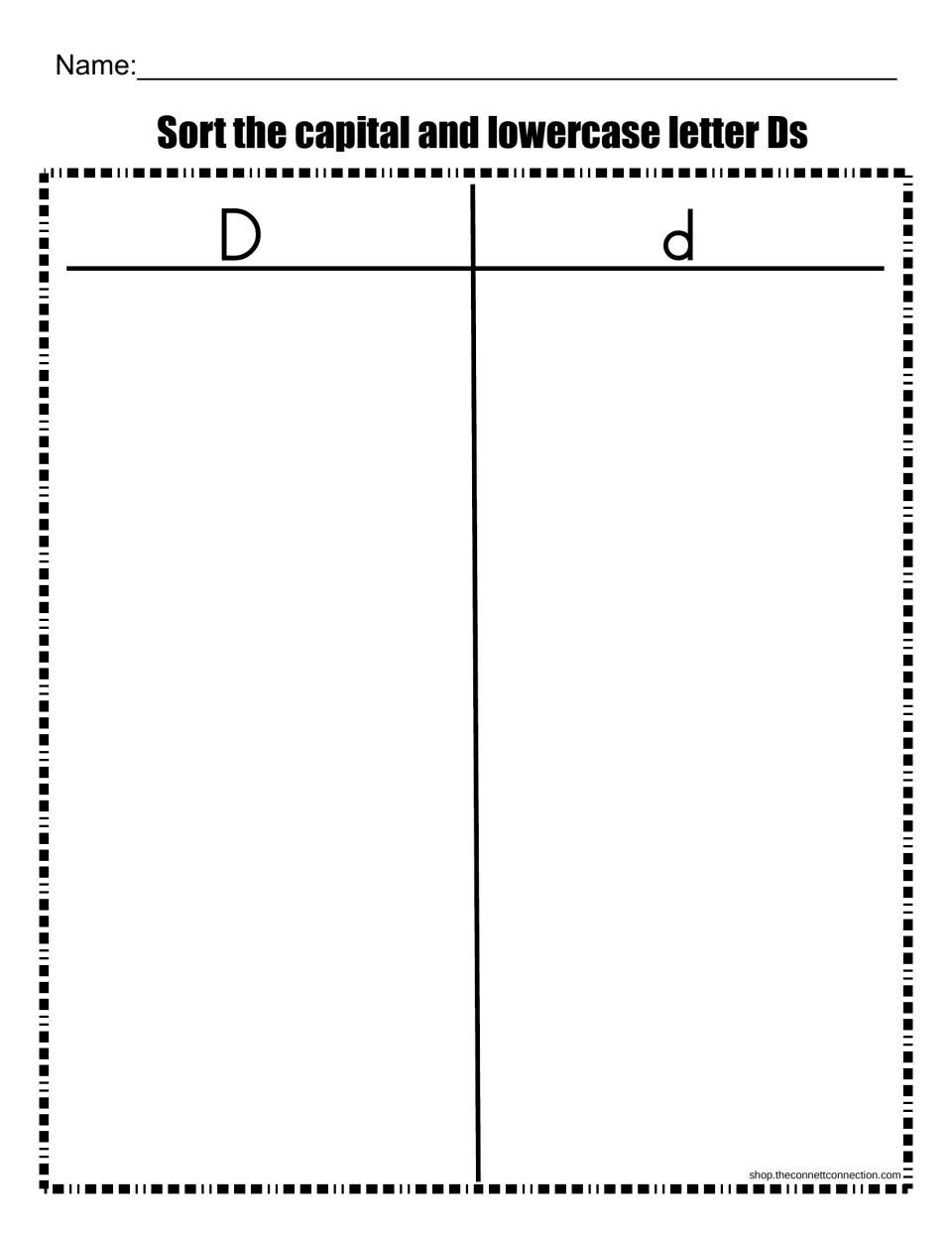 Capital and lowercase D sort chart: students place letters under the D or d heading to tell the two letter forms apart