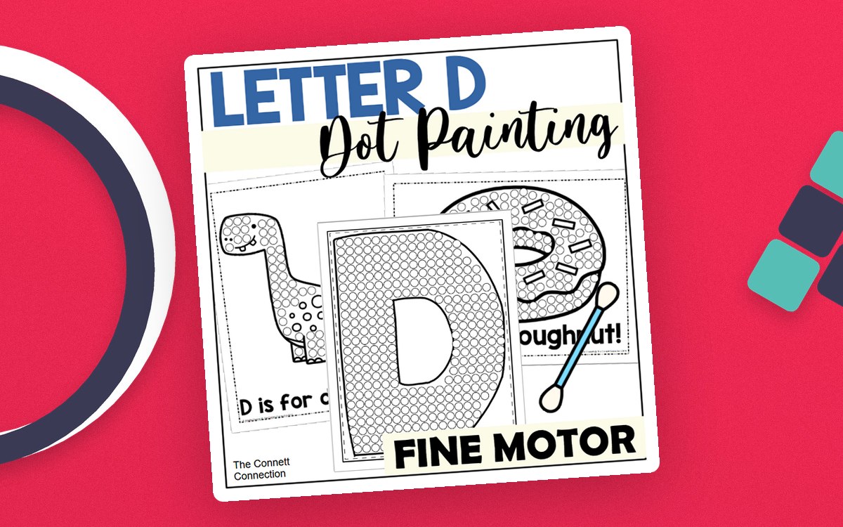 Letter D Dot Painting cover with large D and dinosaur, doughnut, dolphin, and dog outlines.