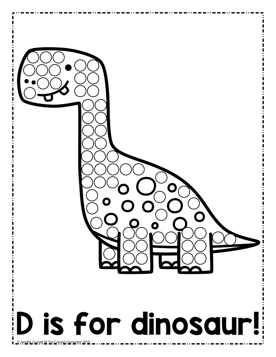 D is for dinosaur: students dab a paint dot in each circle on a smiling dinosaur to practise the letter D sound
