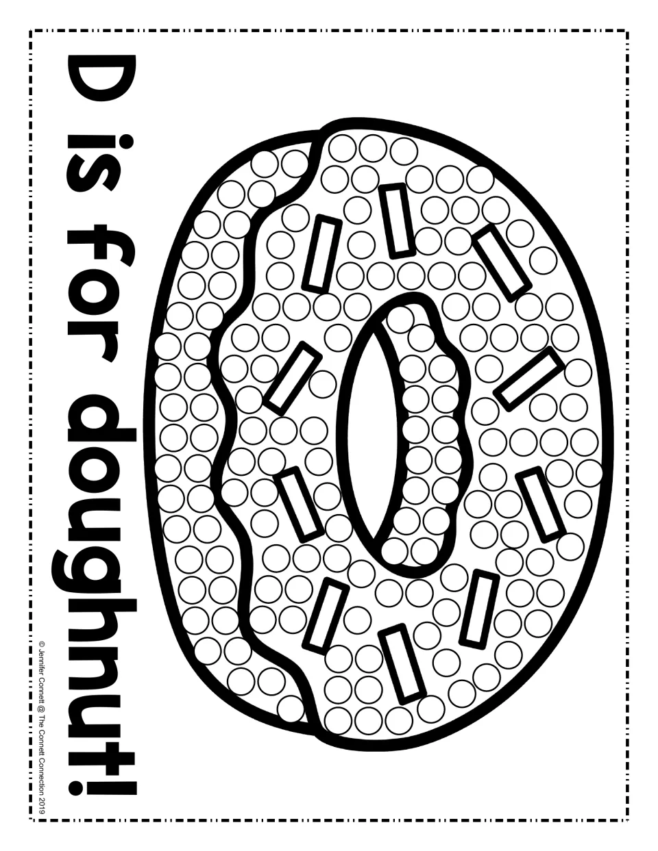 D is for doughnut: students dot-paint the circles on a sprinkled doughnut while linking the /d/ sound to a picture