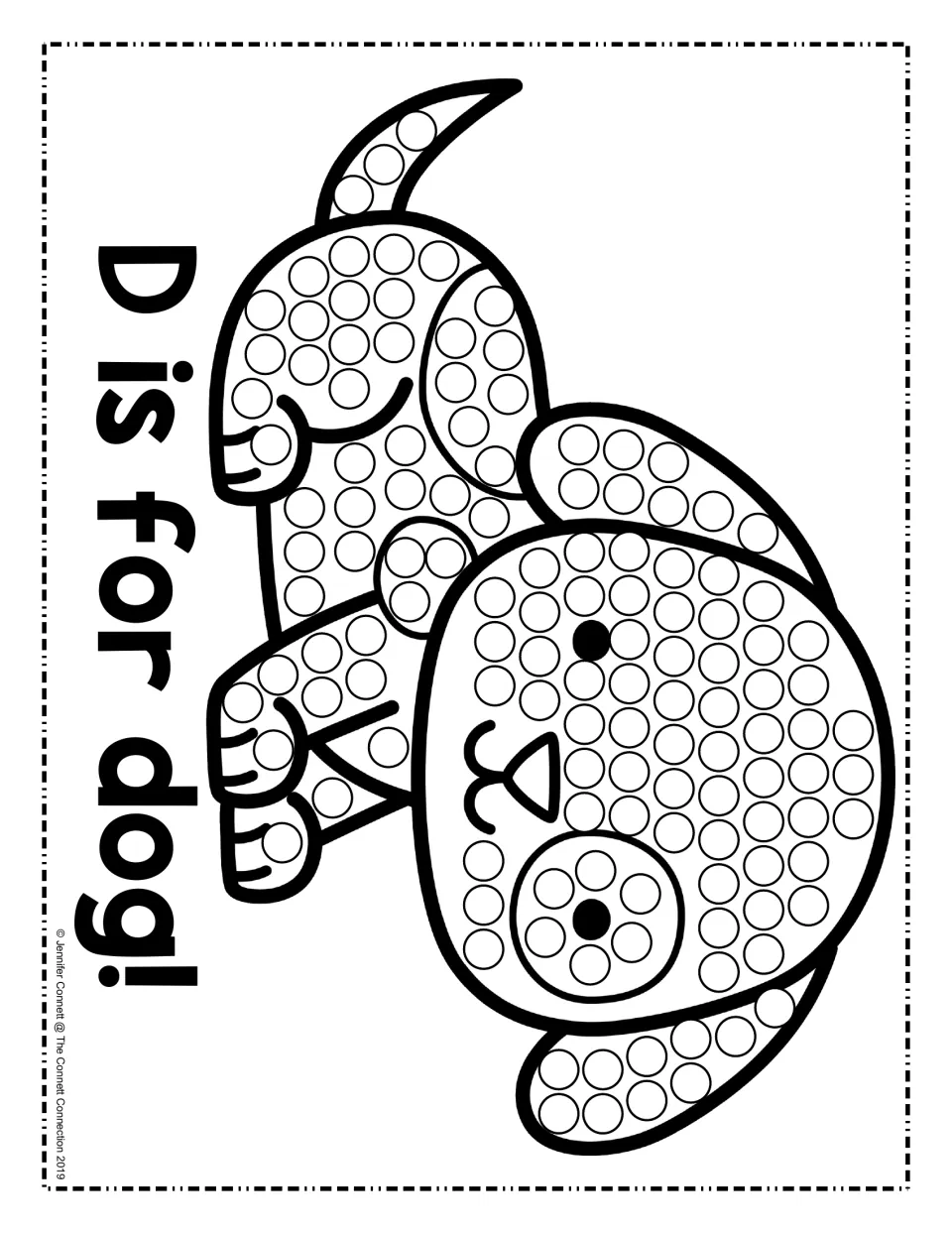 D is for dog: students dab dot markers in every circle on a sitting puppy to hear and practise the beginning D sound