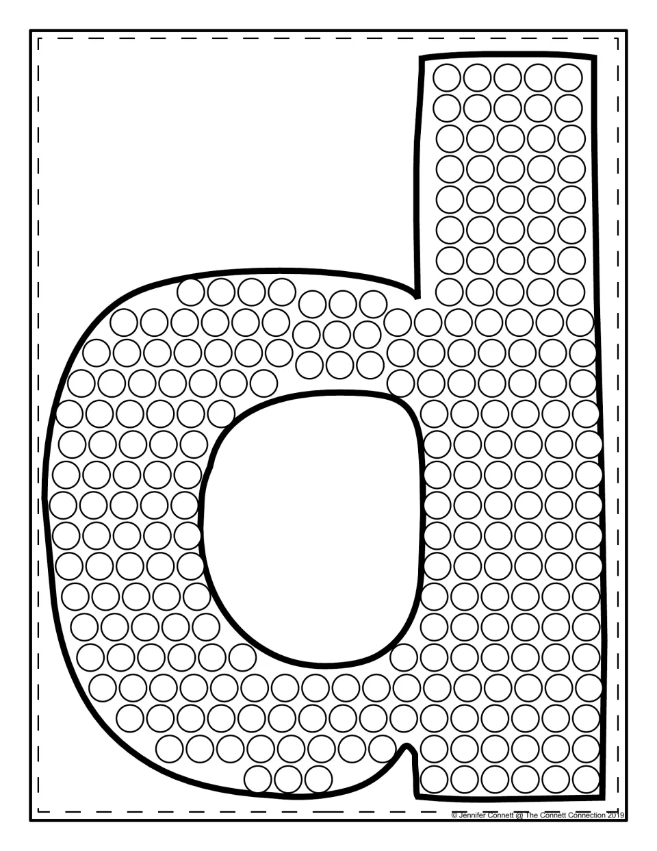 Lowercase d filled with circles: students dot-paint each circle to follow the shape of the small letter d