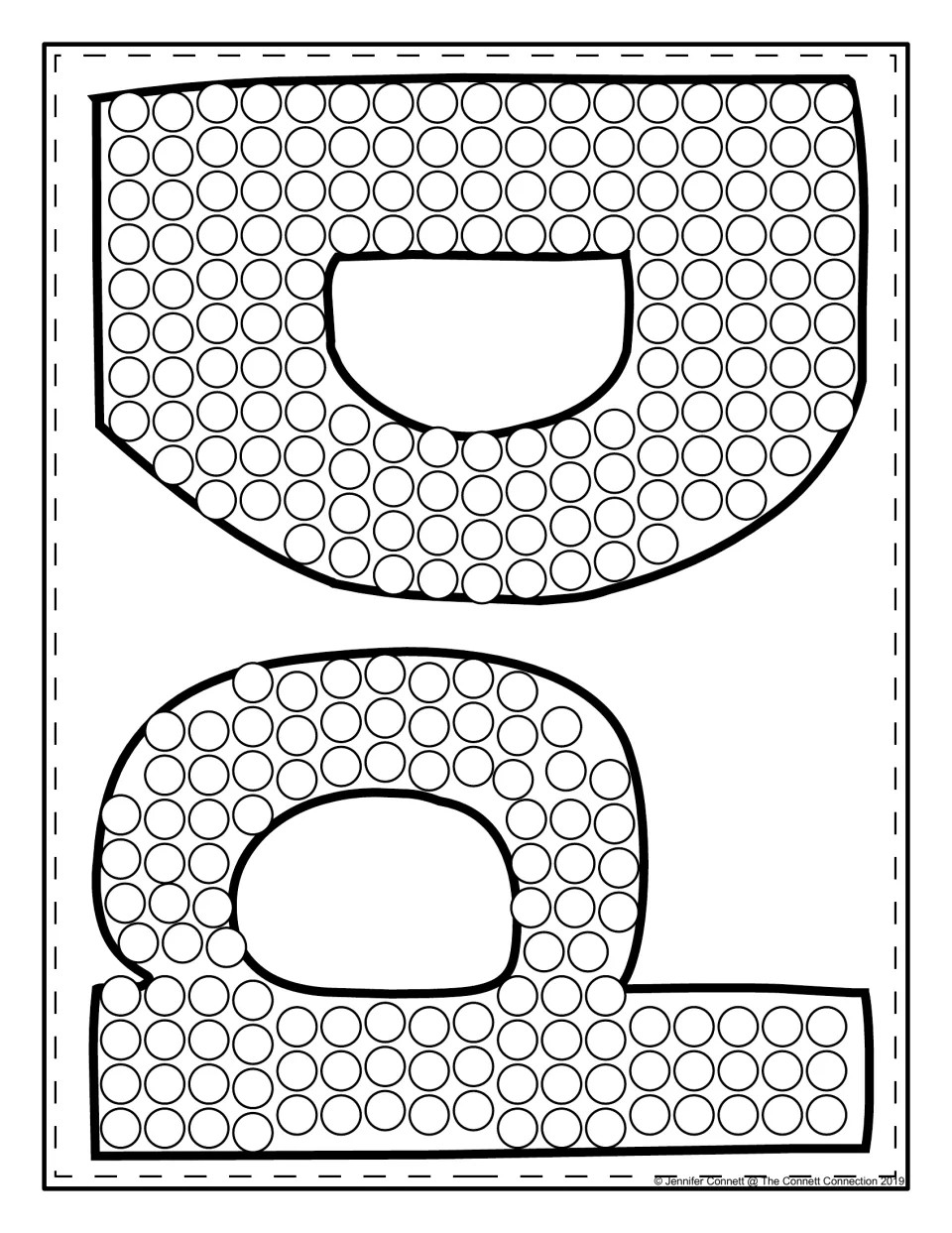 Uppercase D and lowercase d together, printed sideways: students dot-paint every circle in both letter shapes