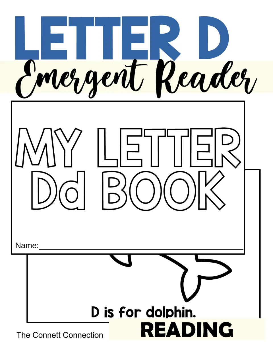 Letter D emergent reader cover showing the My Letter Dd Book title page and a D is for dolphin page from the mini-book