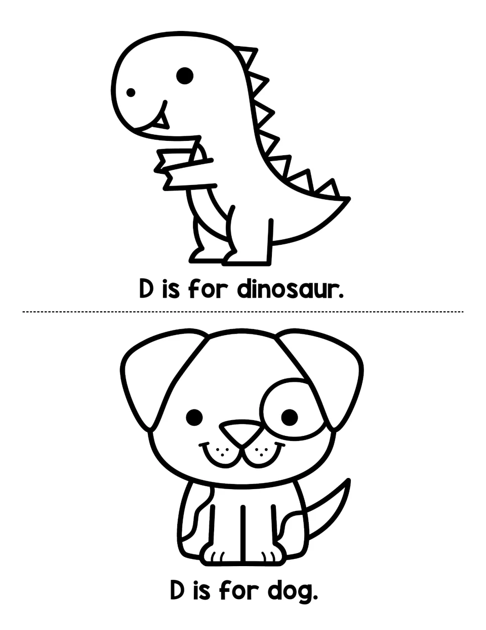 Two letter D book pages to cut apart: children read D is for dinosaur and D is for dog and color each line drawing