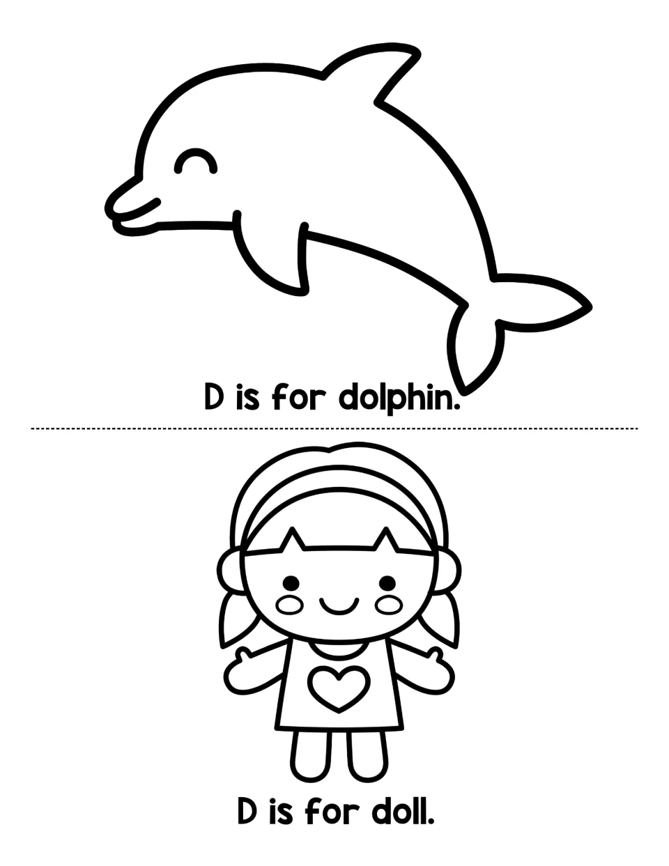 Initial d sound pages: children read D is for dolphin and D is for doll, then color the dolphin and the smiling doll