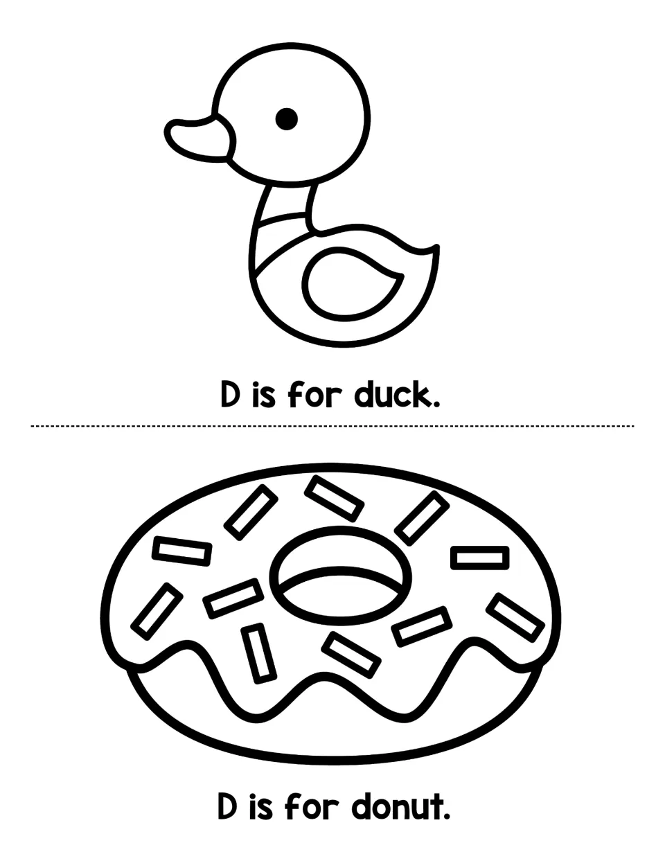 Final pages of the letter D book: children read D is for duck and D is for donut and color a duck and a sprinkled donut