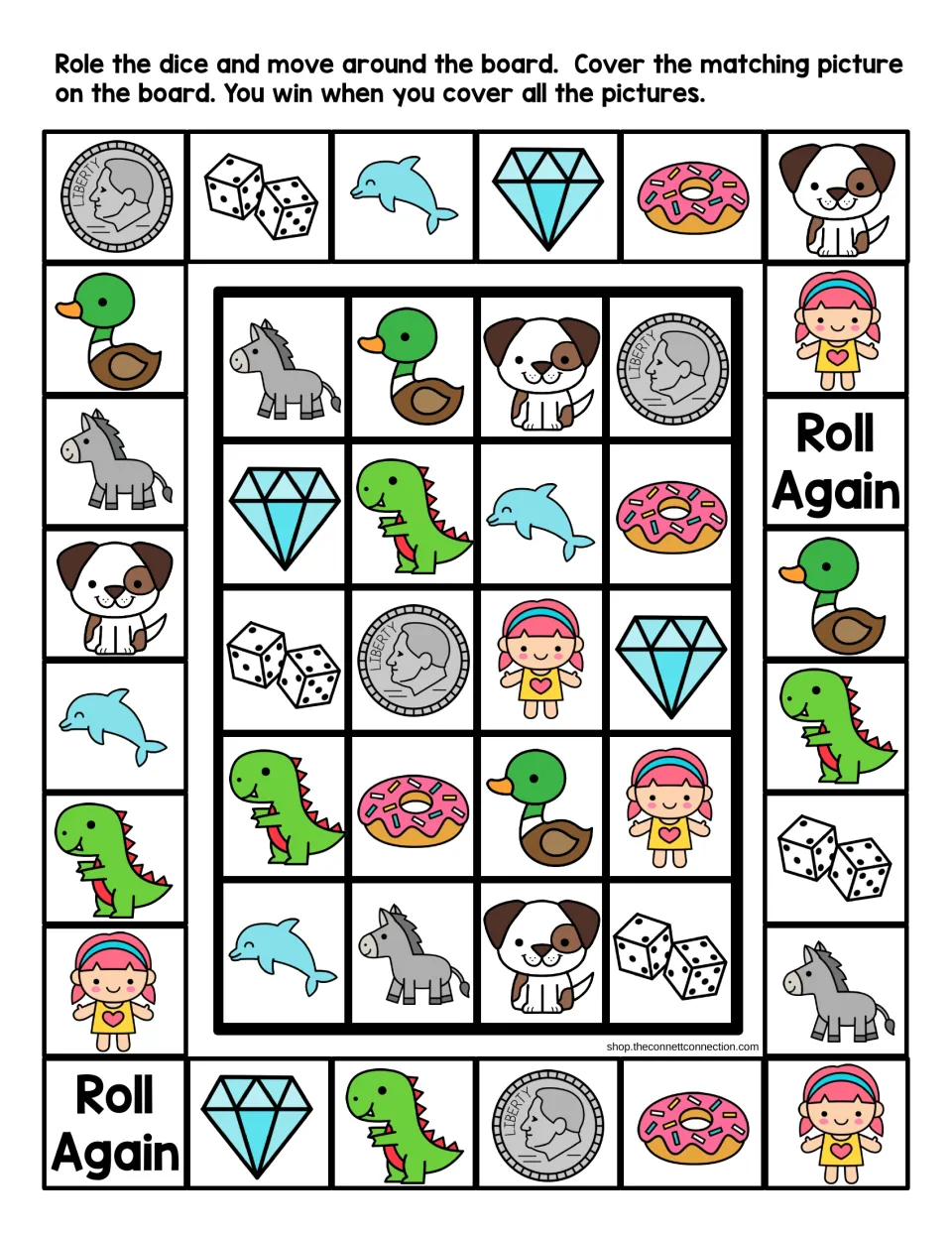 Letter D beginning sounds board game in color: roll, move and cover the match of dog, duck, dime, donut, dolphin and more