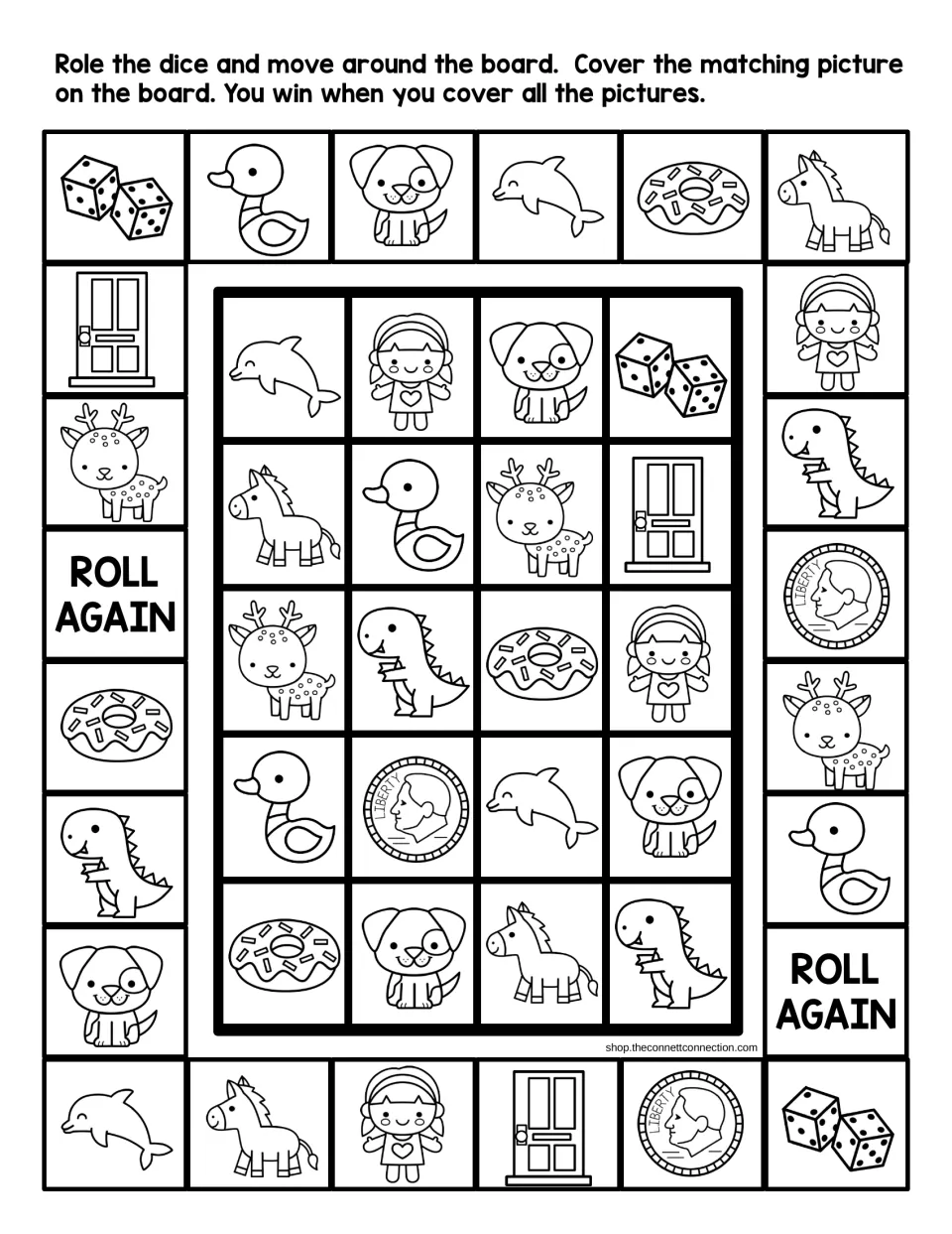 Black-and-white /d/ board game: students roll, move and cover matching door, deer, dice, dog, duck and dinosaur pictures