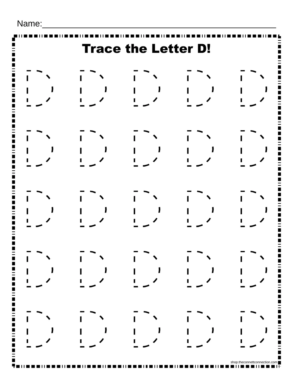 Trace the Letter D: students trace 25 dashed uppercase D letters in five rows to practise forming the capital letter