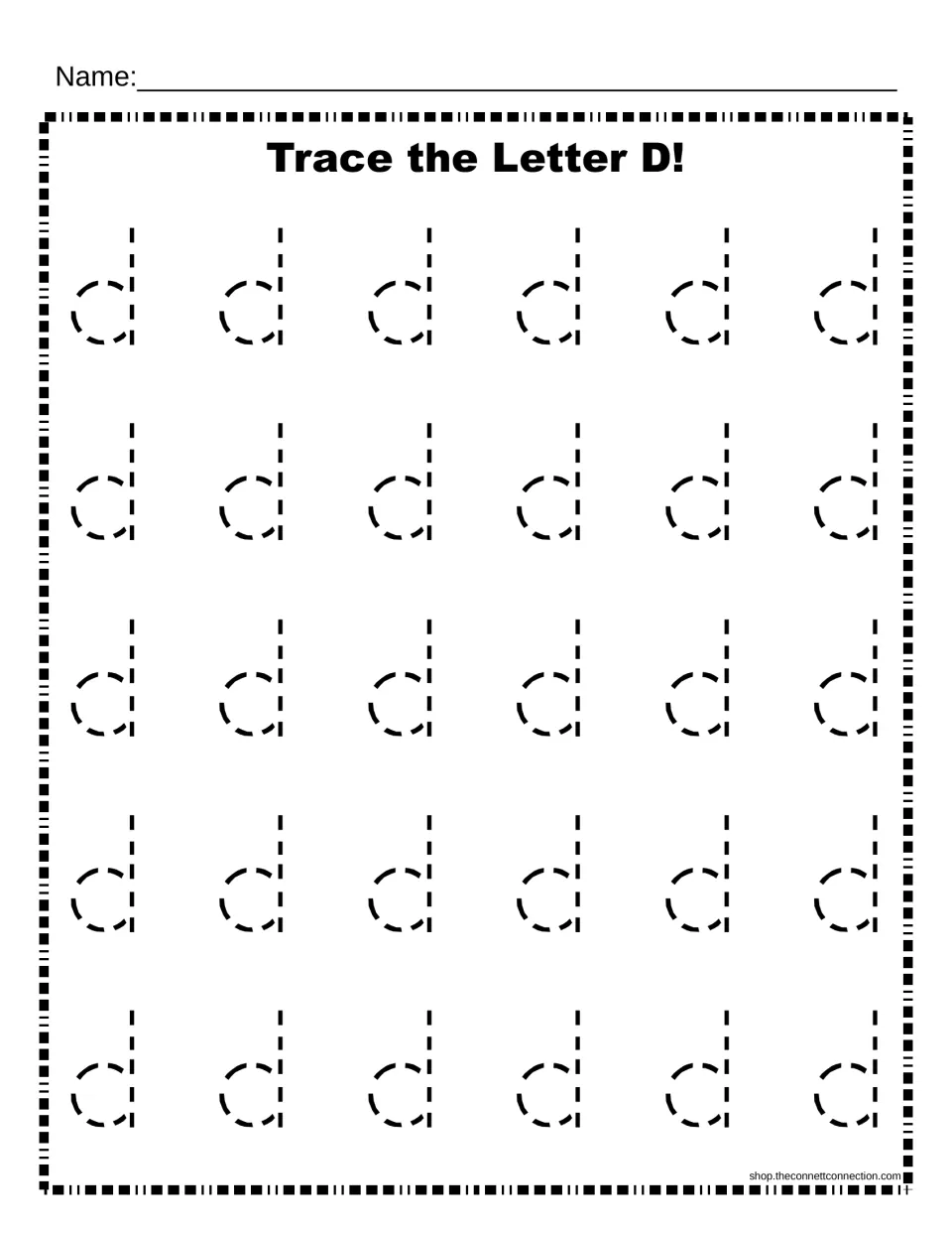 Lowercase d tracing: students trace 30 dashed lowercase d letters in five rows of six to build letter formation