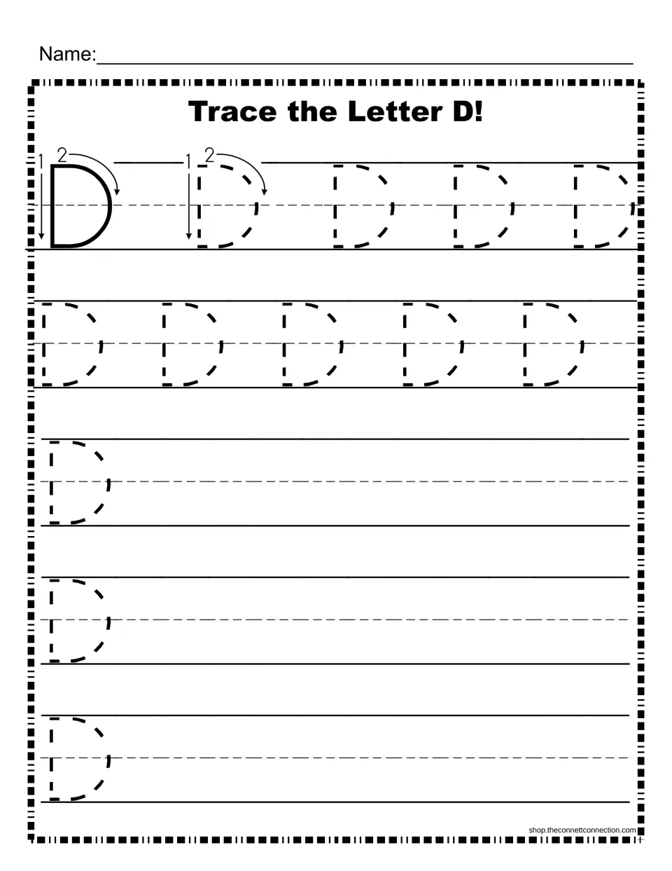 Uppercase D handwriting: numbered stroke arrows model the letter, then students trace dashed Ds and write their own
