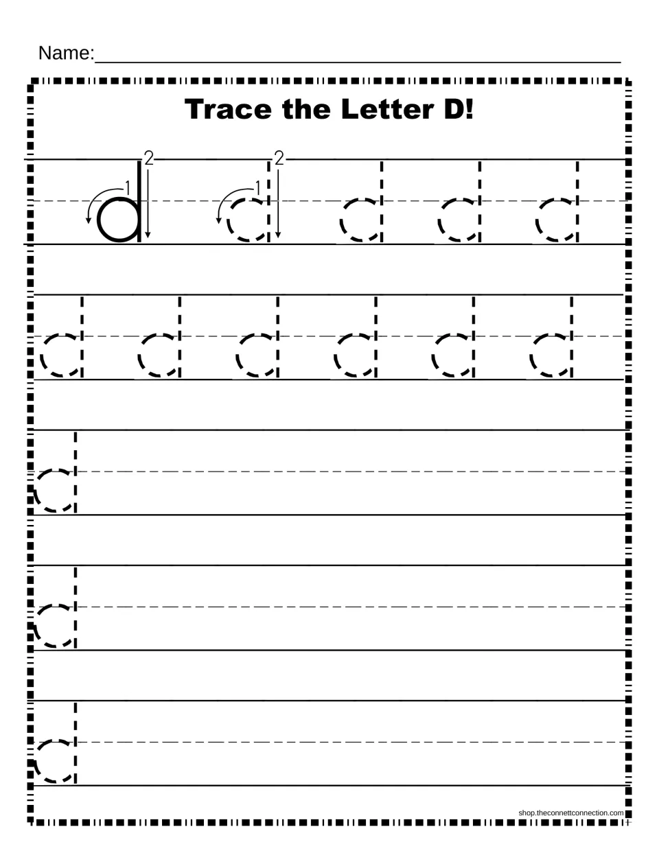 Lowercase d handwriting: stroke order arrows show the curve then the tall line; students trace dashed ds and write more