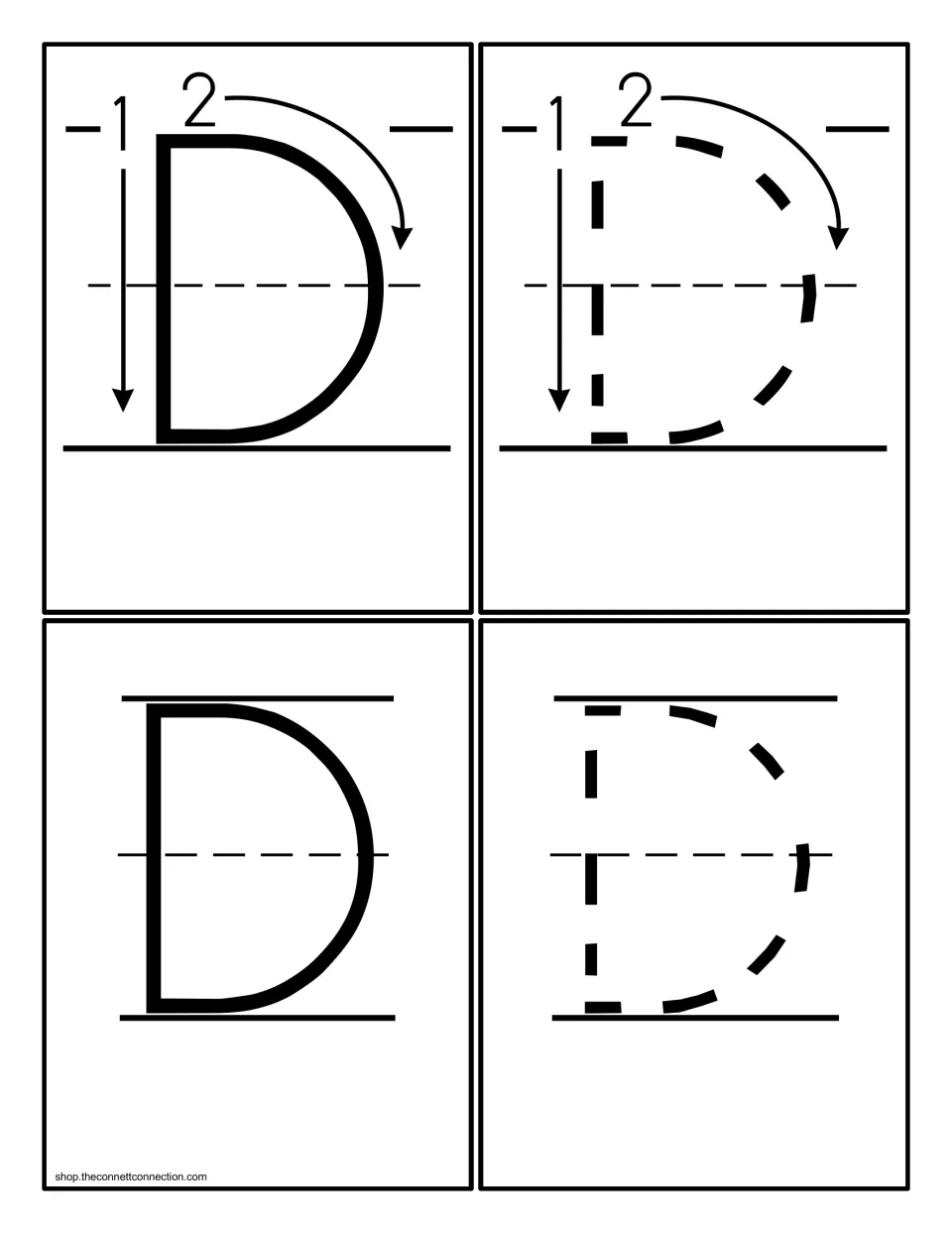 Capital D cards: a solid and a dashed D with numbered stroke arrows, plus a plain solid D and a dashed D to trace