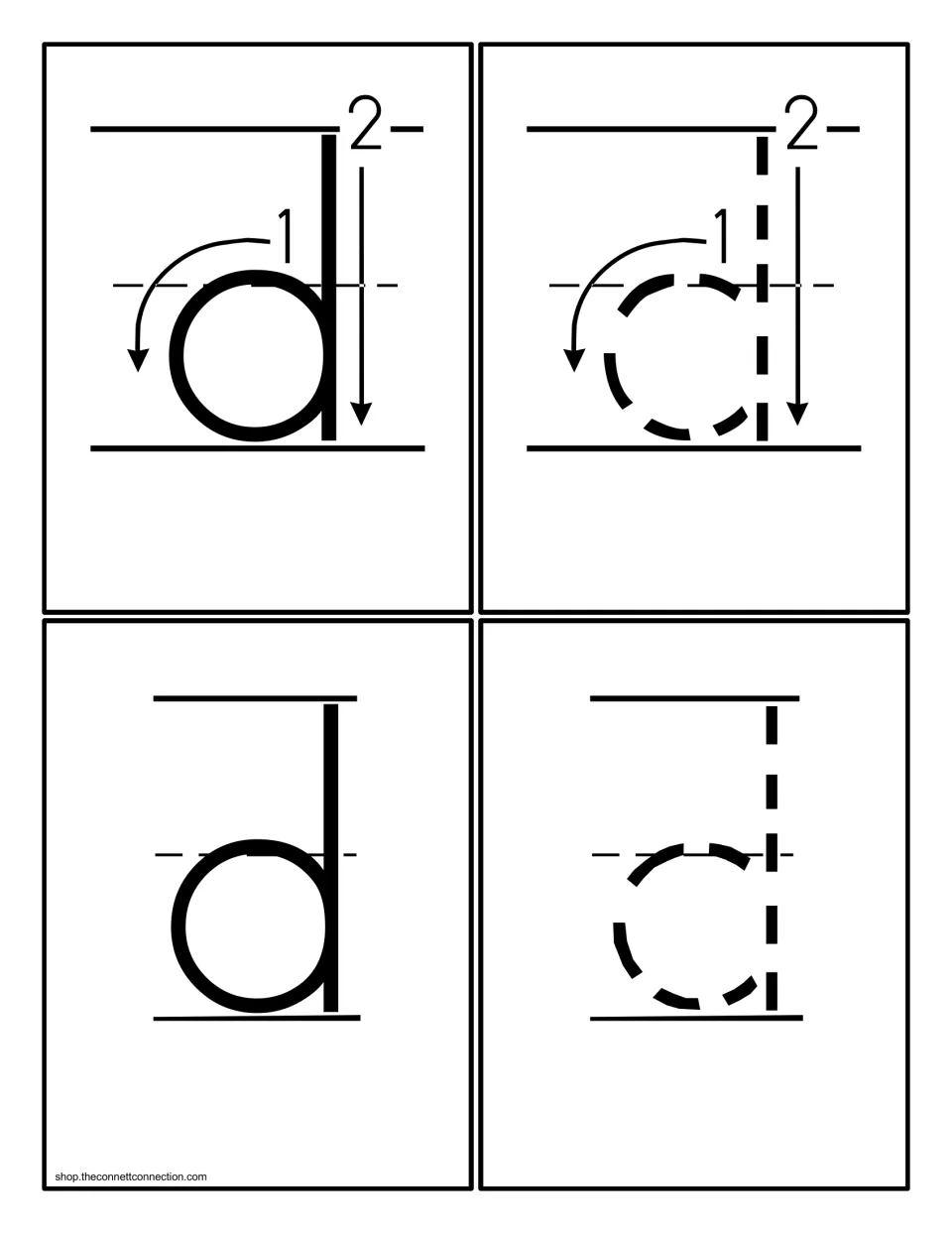 Lowercase d cards: solid and dashed d with stroke order 1 and 2 arrows, plus a plain solid d and a dashed d to trace