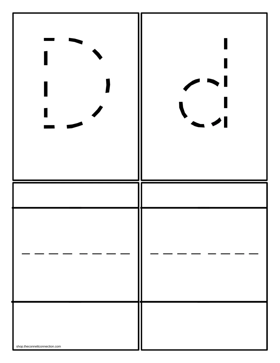 Letter D tracing cards: a dashed uppercase D, a dashed lowercase d and two blank handwriting-line cards for writing
