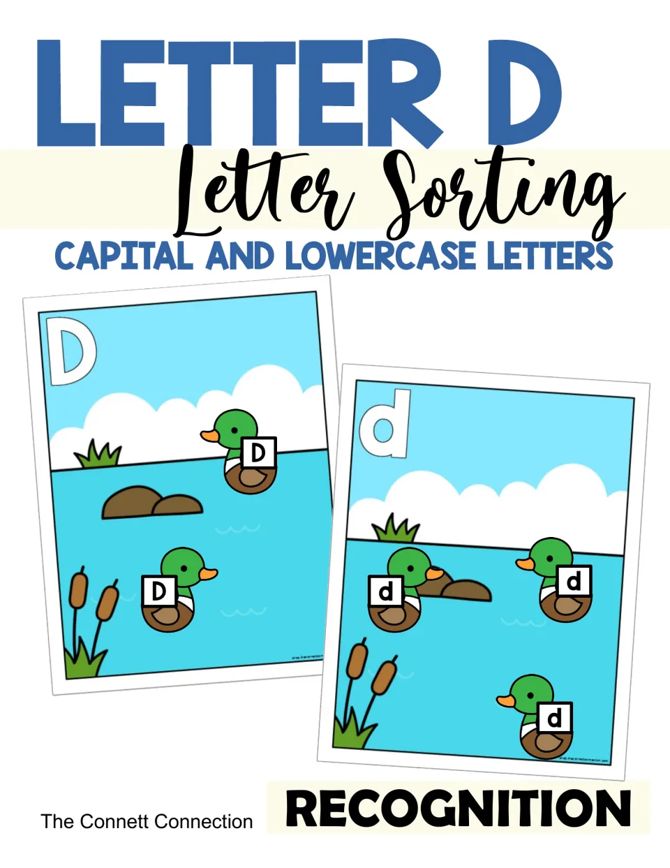 Letter D letter sorting cover: a capital D pond mat and a lowercase d pond mat, each with mallard ducks labeled D or d