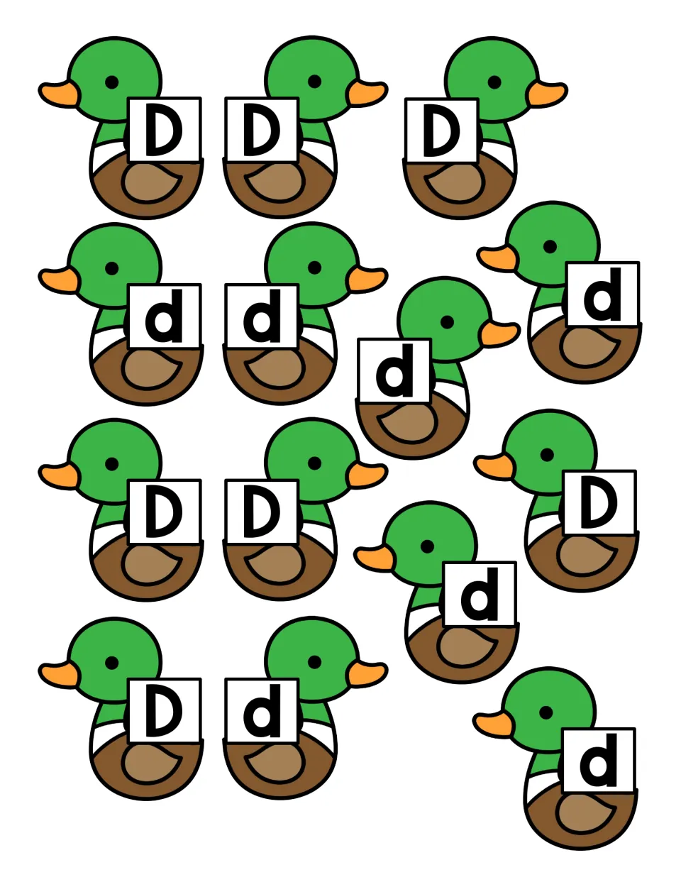 Duck sorting cards: 14 mallard ducks, 7 labeled capital D and 7 lowercase d, for students to cut out and sort onto pond mats