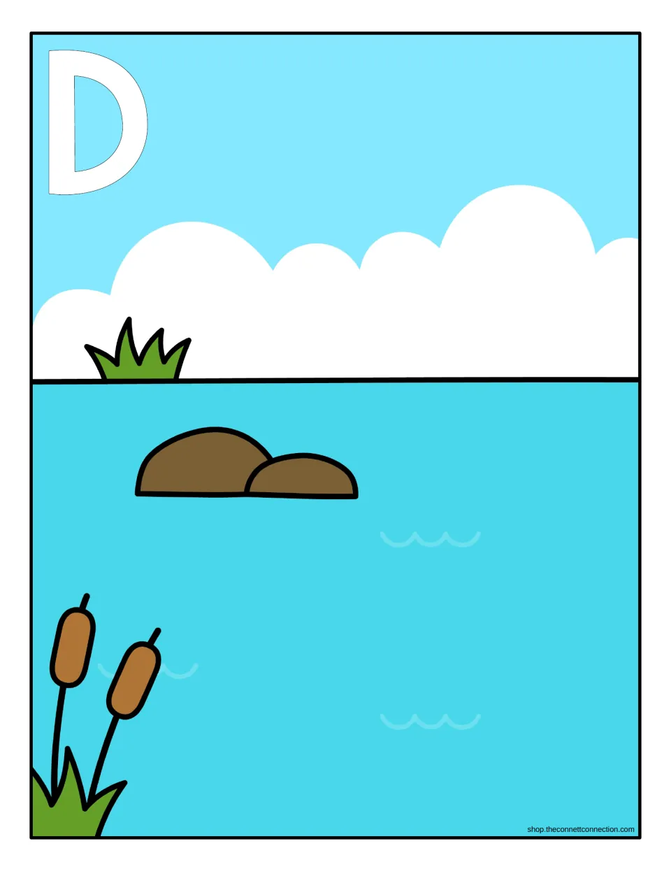 Capital D sorting mat: a pond scene with sky, rocks and cattails where students place every duck card showing capital D