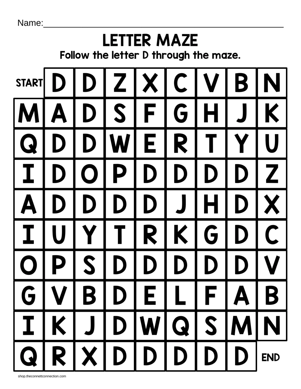 Uppercase D letter maze: students trace a path of capital D letters from START to END among mixed alphabet letters