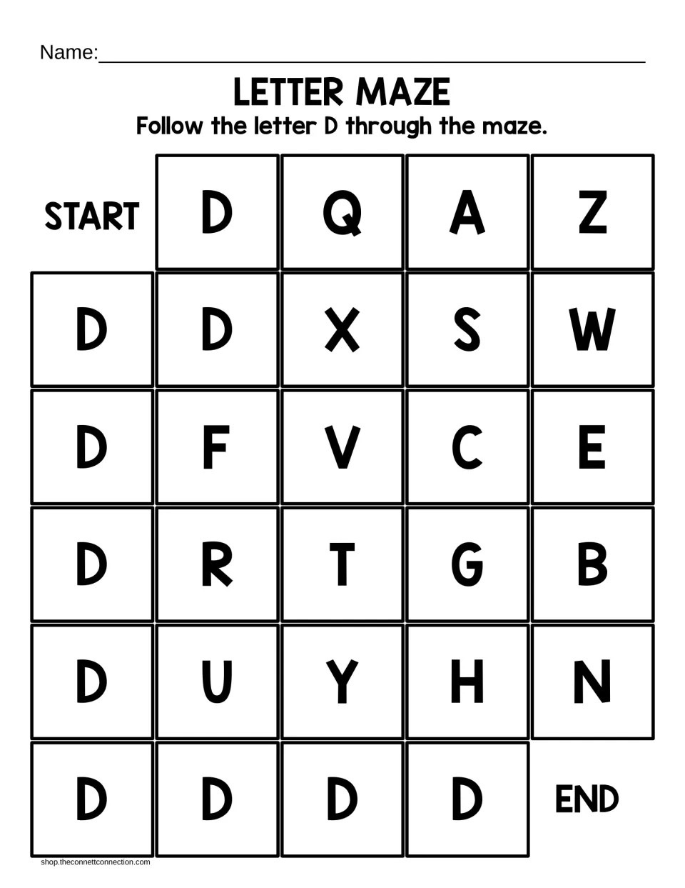 Big-letter capital D maze: learners follow each D down and across from START to END, skipping Q, X, F and more