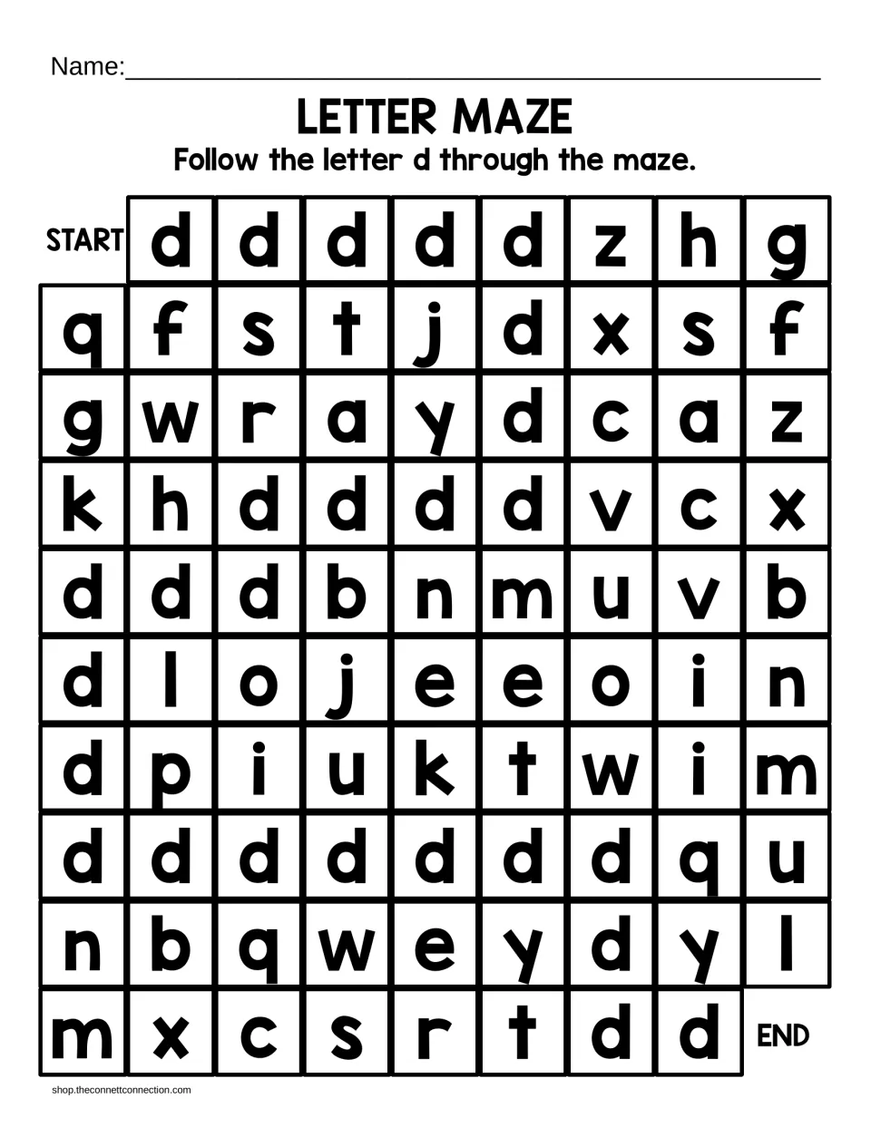 Lowercase d letter maze: students follow a winding path of small d letters to END, avoiding look-alikes like b, q and p