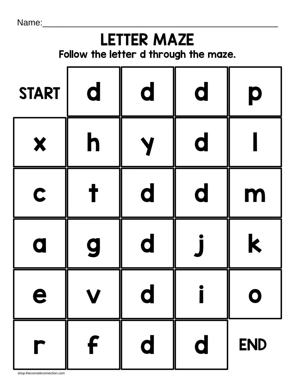 Large-print lowercase d maze: children track each d from START across and down to END, passing over h, y, g and j
