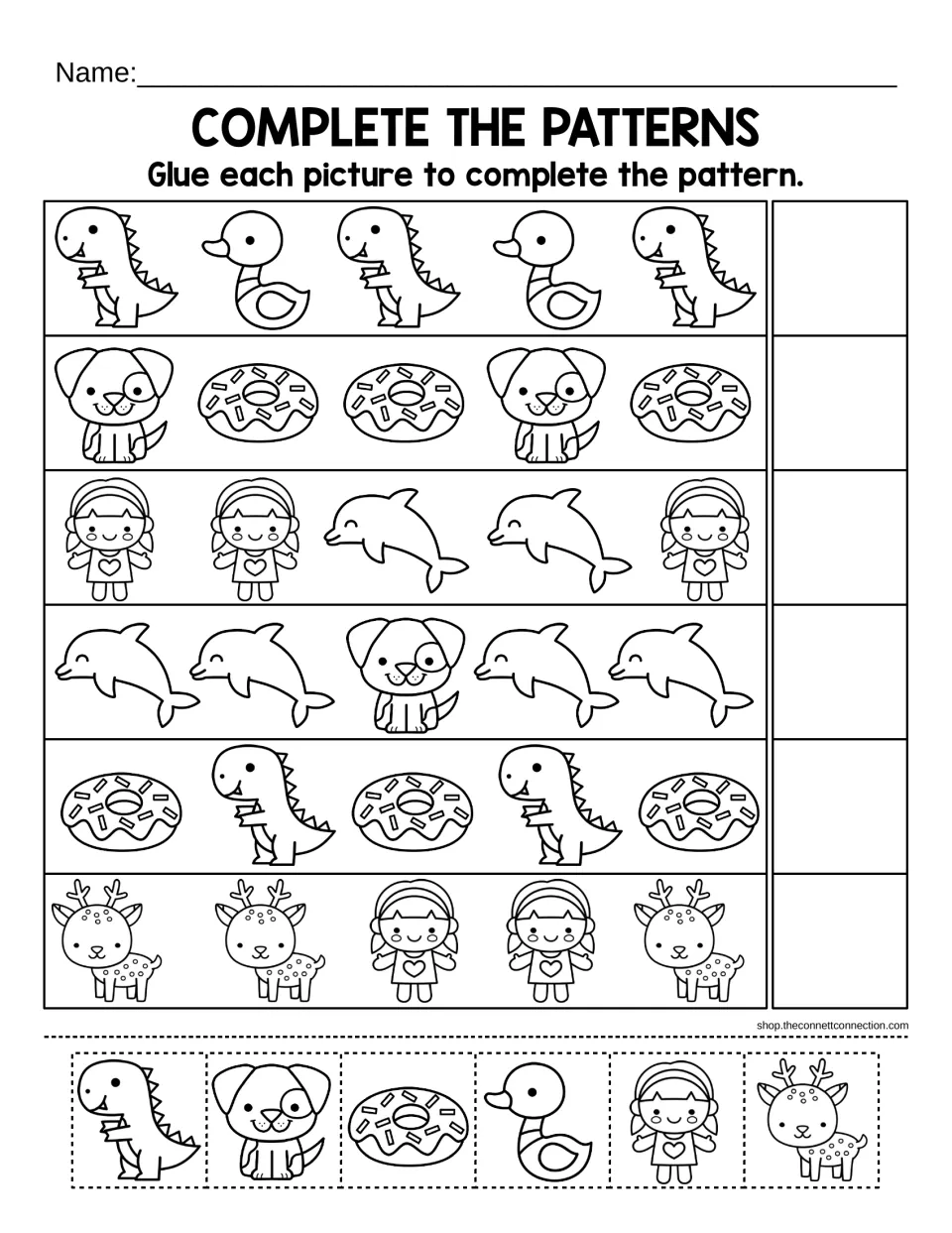 Complete the patterns: students glue the next D picture (dinosaur, duck, dog, donut, doll, deer) to finish 6 rows