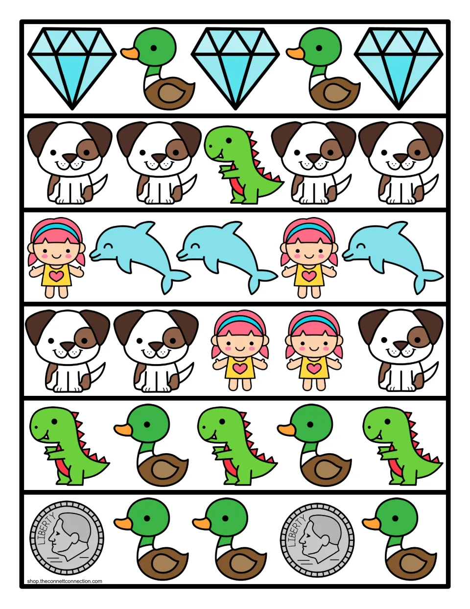 Color pattern strips: students extend six rows of D pictures such as diamond, duck, dog, dinosaur, doll and dime