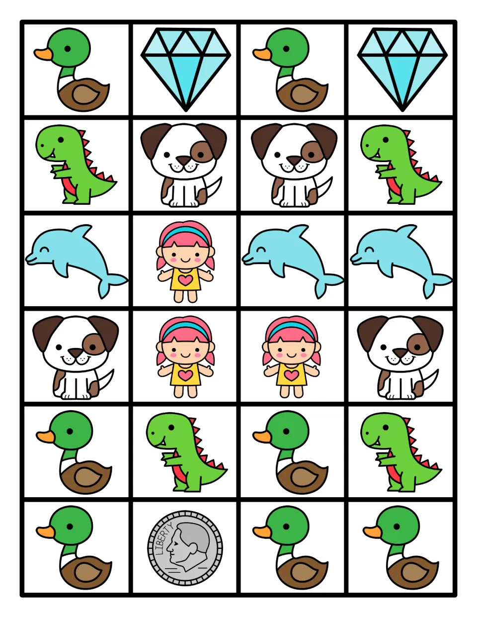 Cut-out picture cards: 24 color D cards that continue each pattern strip, e.g. duck, diamond, duck, diamond