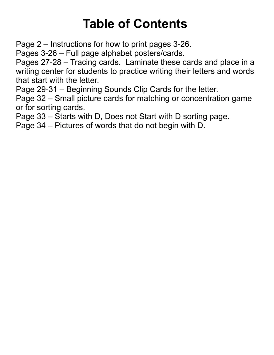 Table of contents for the letter D resource, listing poster, tracing, clip card, and sorting activity pages