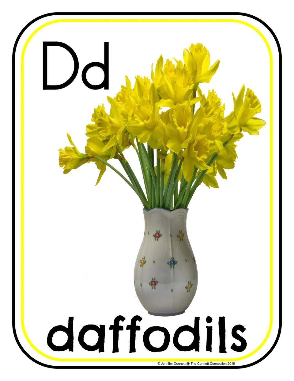 Letter D photograph poster 1 of 24, showing uppercase D, lowercase d, and yellow flowers labeled 'daffodils'