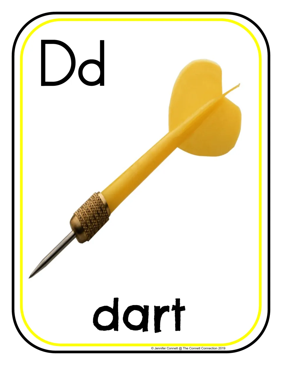 Letter D photograph poster 5 of 24, showing uppercase D, lowercase d, and a yellow dart labeled 'dart'