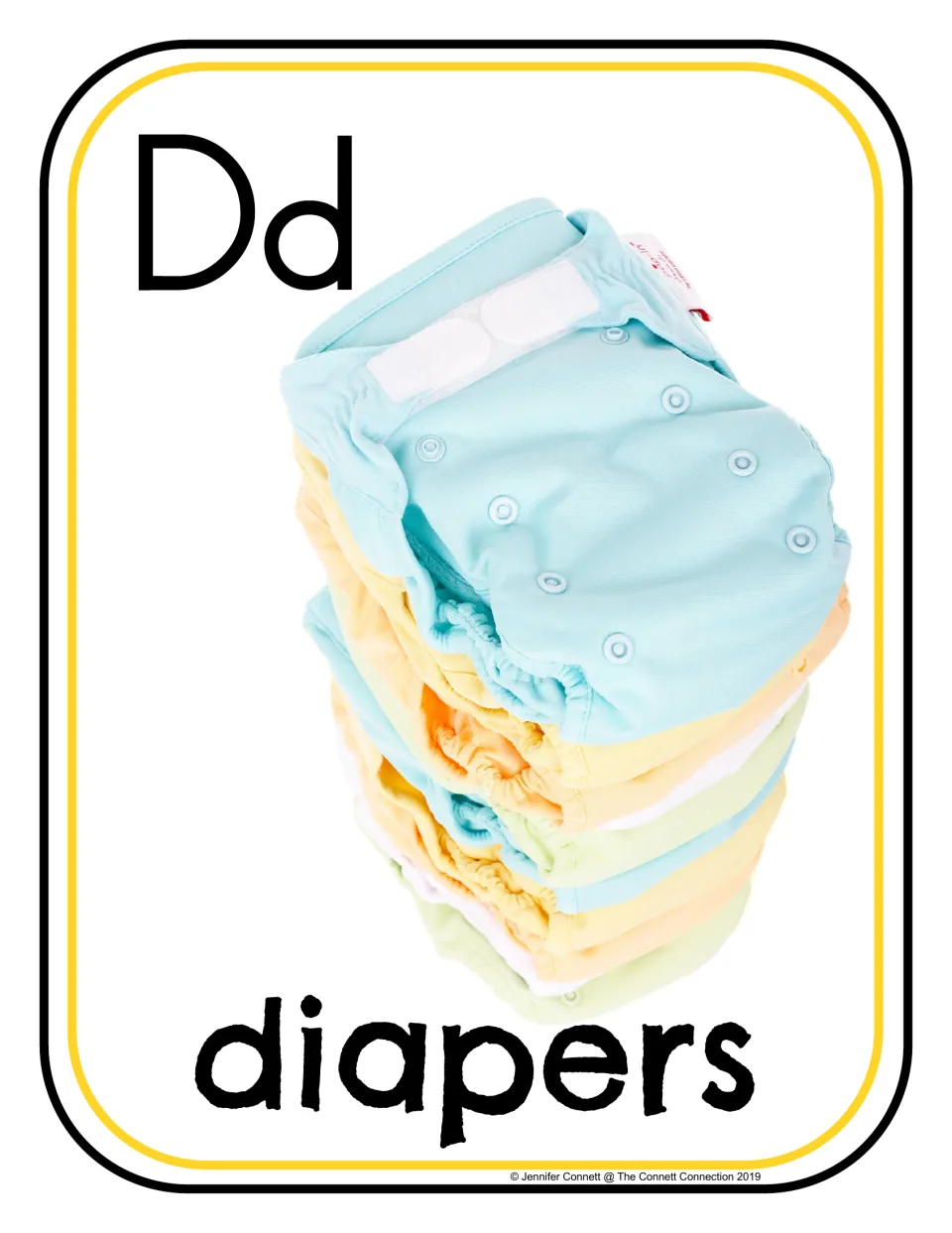 Letter D photograph poster 8 of 24, showing uppercase D, lowercase d, and cloth diapers labeled 'diapers'