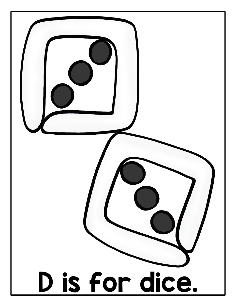 Letter D mat, D is for dice: students roll playdough to fill two dice outlines, each showing three dots