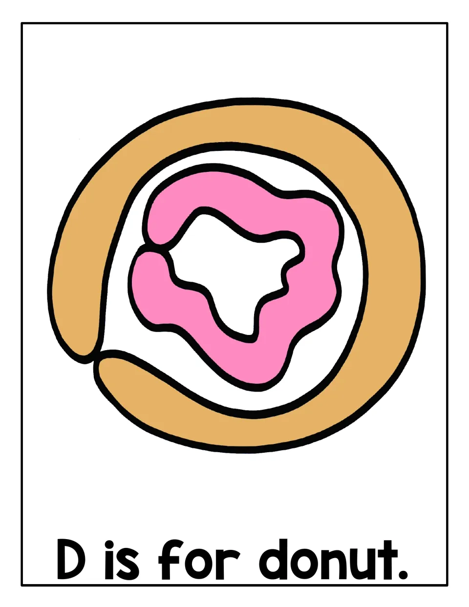 D is for donut: students press playdough along a tan donut ring and a pink frosting shape to form the picture