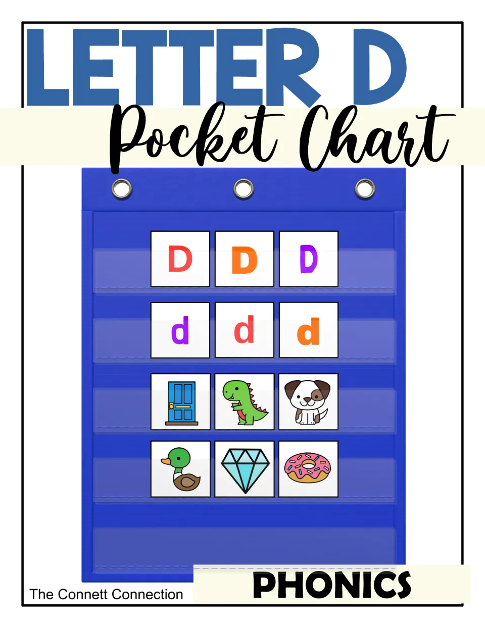 Letter D pocket chart cover: uppercase and lowercase D cards plus door, dinosaur, dog, duck, diamond and donut pictures