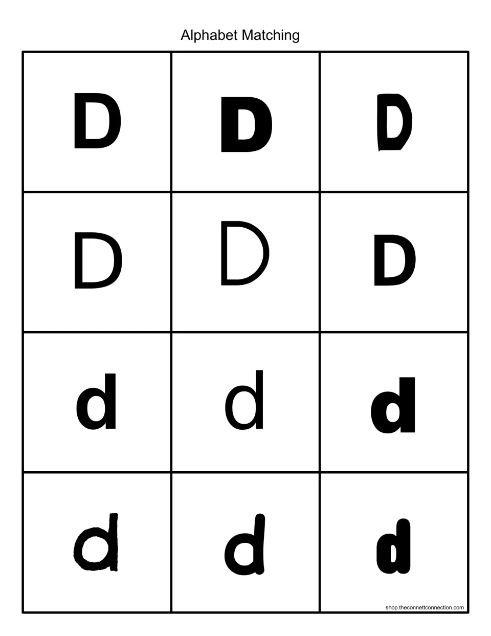 Alphabet matching cards in black ink: six uppercase D and six lowercase d in varied fonts for matching letter case