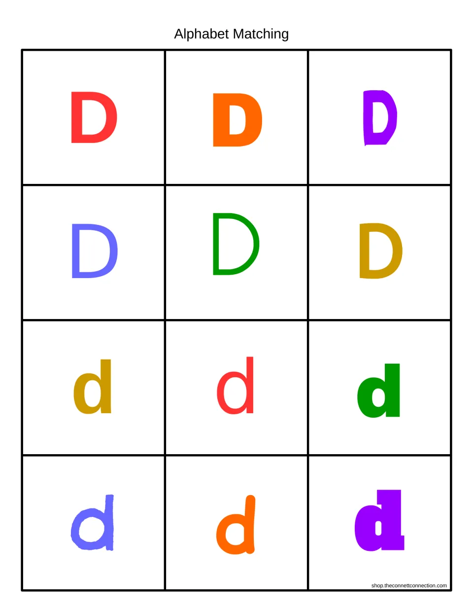 Alphabet matching cards in color: uppercase D and lowercase d in six fonts each, for sorting capital and small letters