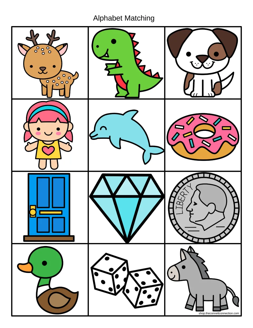 Picture cards for the /d/ sound: deer, dinosaur, dog, doll, dolphin, donut, door, diamond, dime, duck, dice and donkey