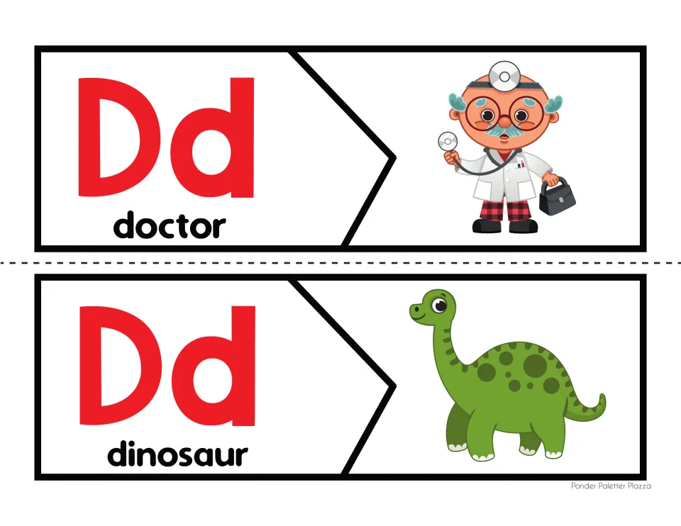 Letter D beginning sound puzzles: students match each Dd letter piece to its doctor or dinosaur picture half