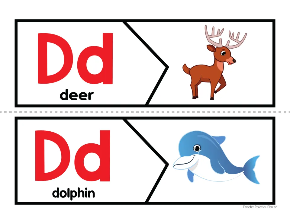 Dd beginning sound matching: students join the Dd piece labeled deer or dolphin with the matching animal picture piece