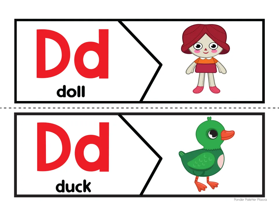 Initial /d/ sound puzzles: students fit the Dd piece for doll or duck to its picture piece to link the letter and sound
