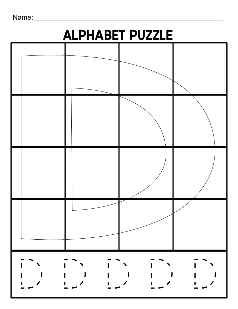Uppercase D puzzle mat for matching 16 cut-out pieces, with five dotted capital D letters to trace below