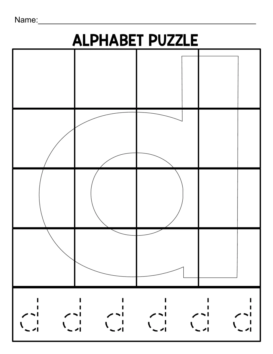 Lowercase d puzzle mat for matching 16 cut-out pieces, with six dotted lowercase d letters to trace below