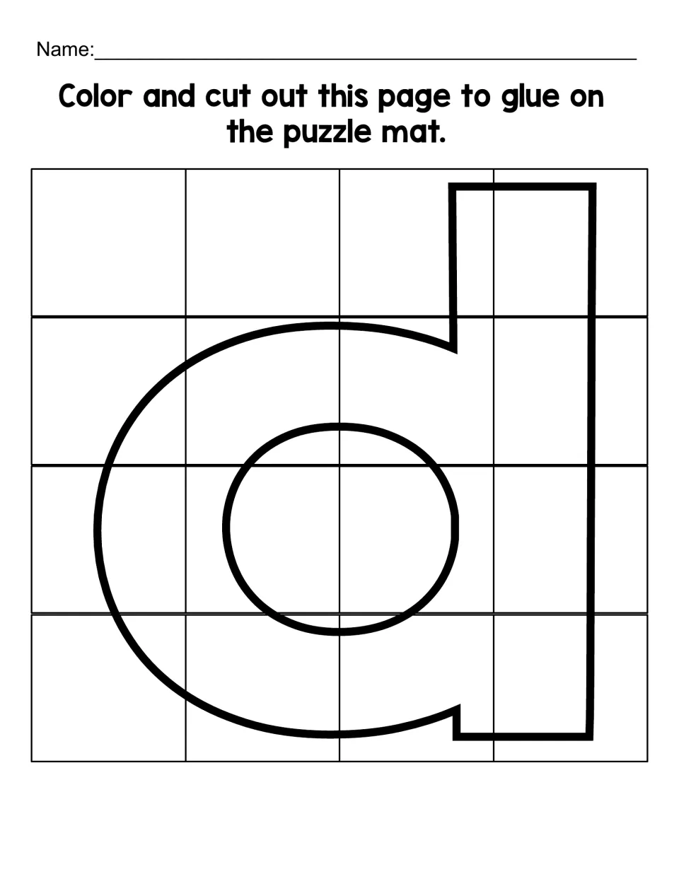 Lowercase d color-and-cut sheet with 16 puzzle pieces to assemble and glue onto the matching letter mat