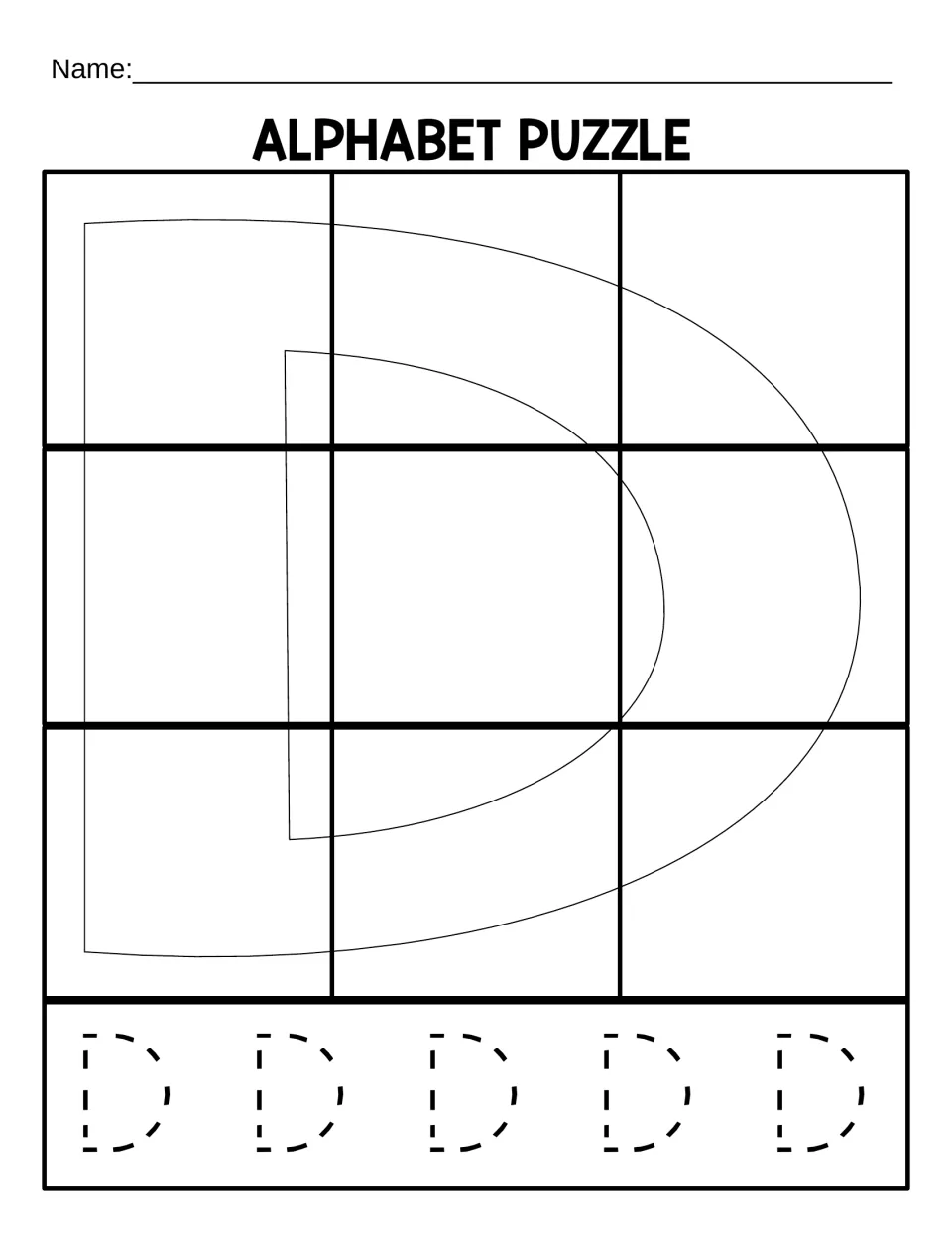 Uppercase D puzzle mat for matching nine cut-out pieces, with five dotted capital D letters to trace below